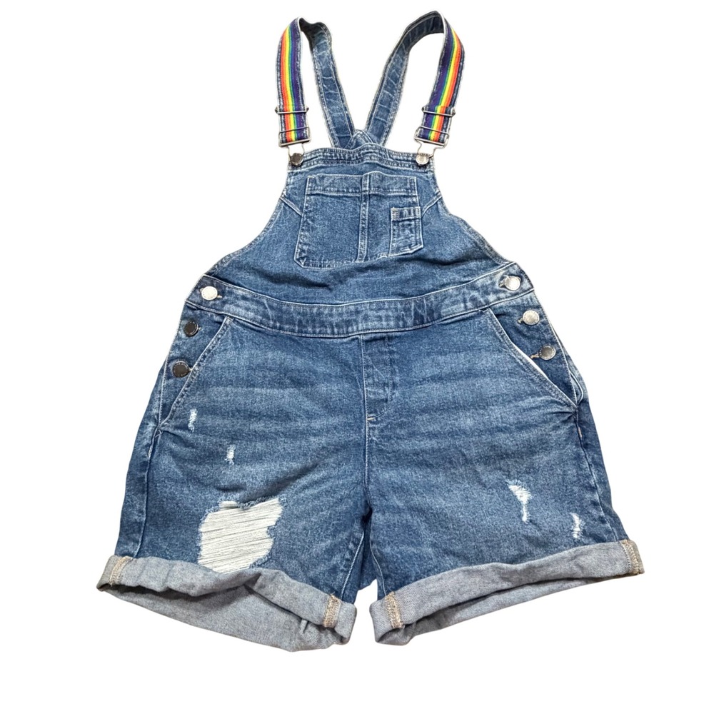 Lane Bryant Rainbow Strap Denim Shortalls Womens 12 Distressed Jean Overalls